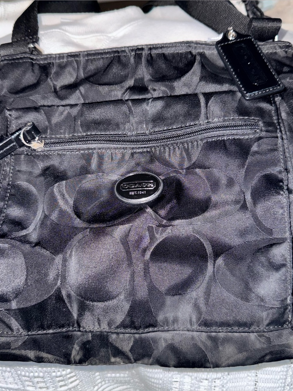 Coach Black Signature Nylon Messenger Bag with Leather Trim